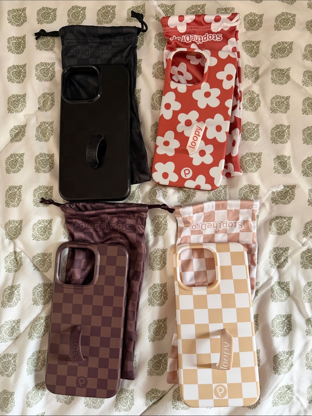 Loopy Case Black, Red, Brown & Cream Checker & Floral Phone Case Set